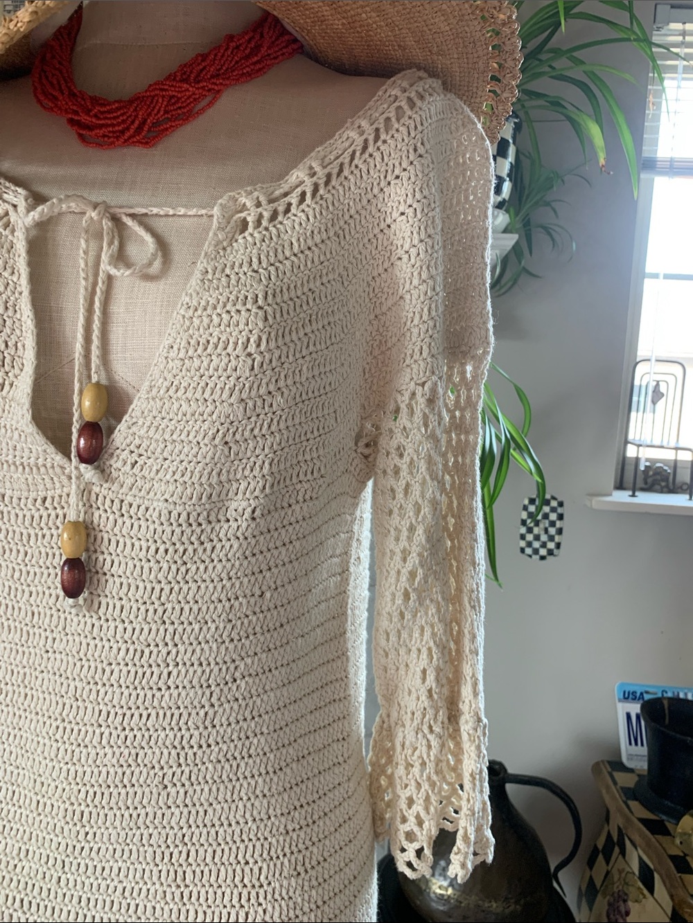 Vtg Nicole Miller Collection Linen/Cotton cream crochet beach coverup/dress SzL - Picture 4 of 9